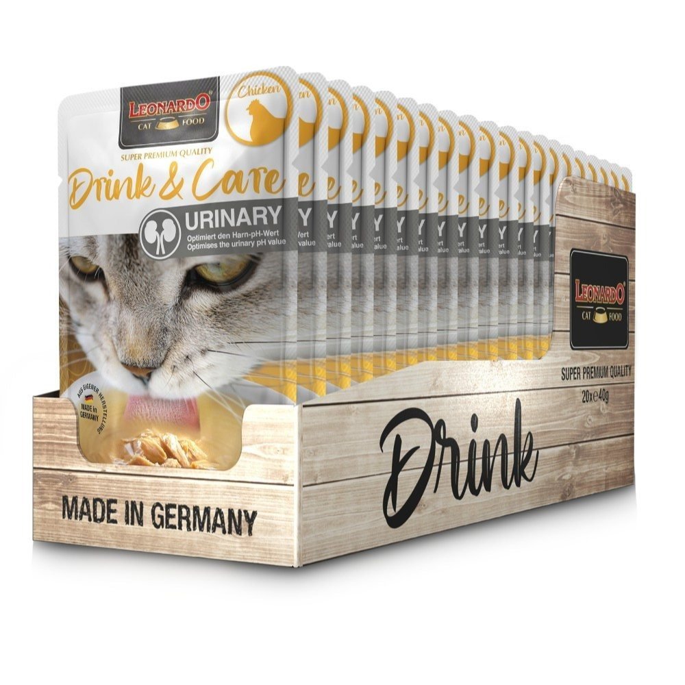 Pack de 20x40g - Sachets de Soupe de Poulet Leonardo Drink & Care pour Chats - Nourriture Complémentaire pour Chats Adultes - Favorise l'Apport de Liquides et la Santé des Voies Urinaires