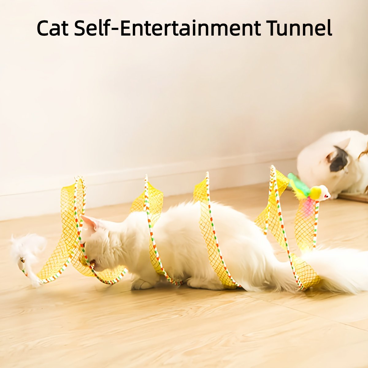 Deux tunnels pour chats en forme de ressort, pliables pour le divertissement et le jeu, tunnel spirale de chasse, équipés de jouets en plume et de souris, adaptés aux chatons, jouets d'intérieur pour chats. – Image 8