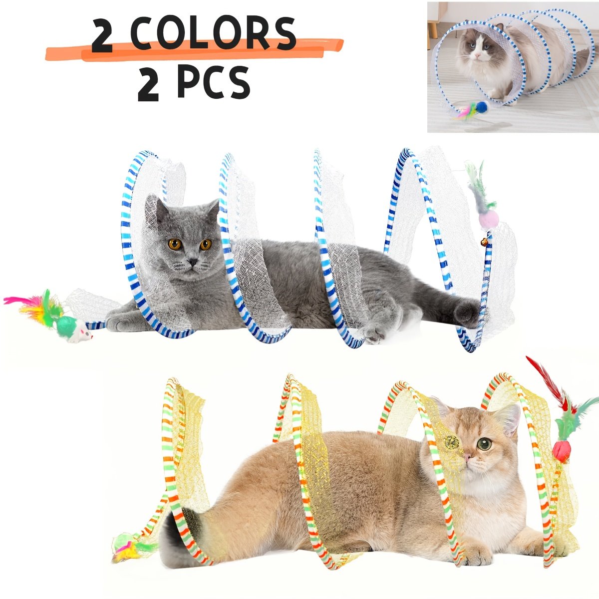 Deux tunnels pour chats en forme de ressort, pliables pour le divertissement et le jeu, tunnel spirale de chasse, équipés de jouets en plume et de souris, adaptés aux chatons, jouets d'intérieur pour chats.