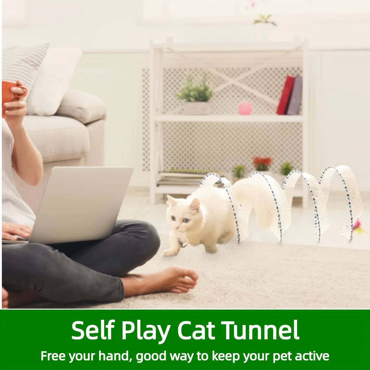 Deux tunnels pour chats en forme de ressort, pliables pour le divertissement et le jeu, tunnel spirale de chasse, équipés de jouets en plume et de souris, adaptés aux chatons, jouets d'intérieur pour chats. – Image 10