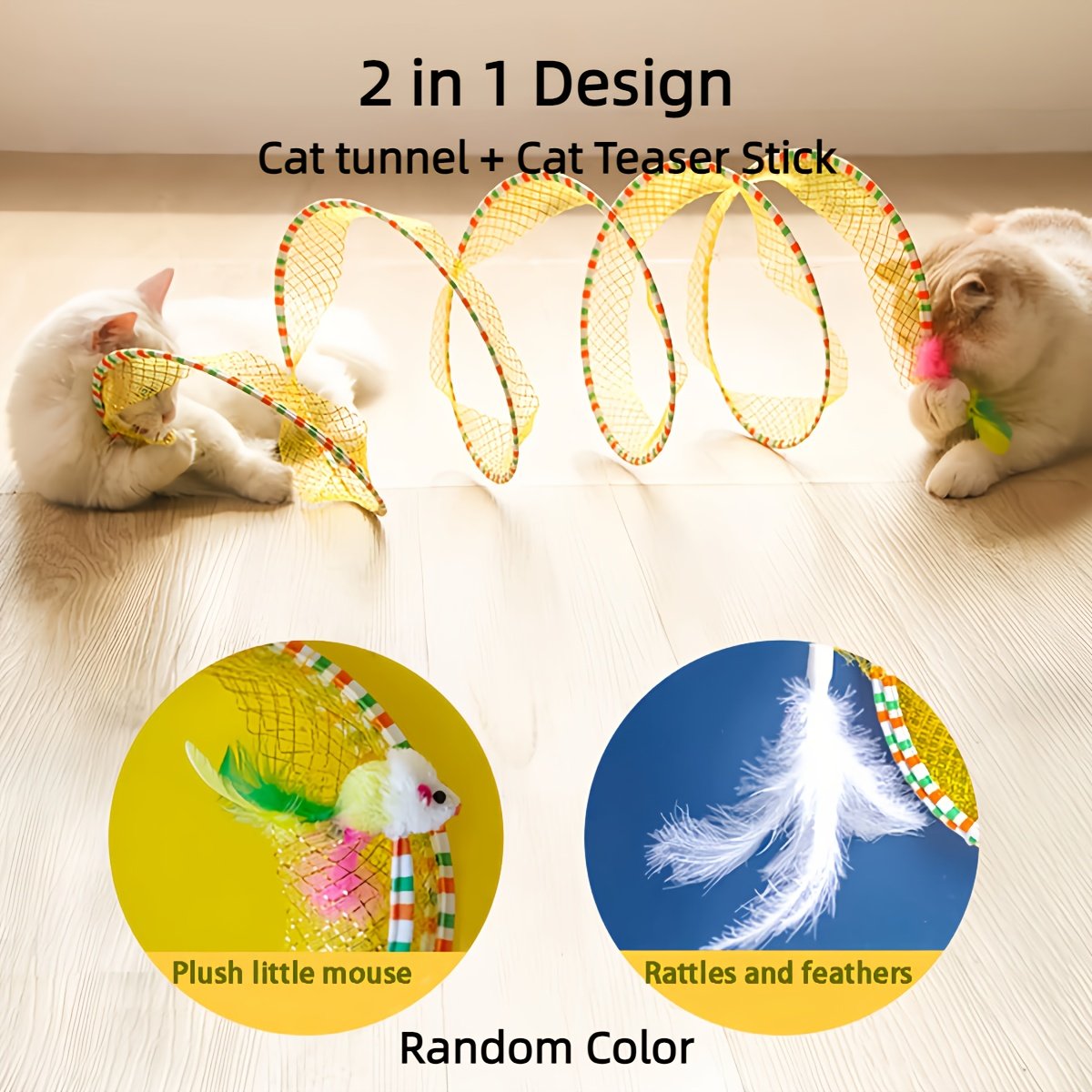 Deux tunnels pour chats en forme de ressort, pliables pour le divertissement et le jeu, tunnel spirale de chasse, équipés de jouets en plume et de souris, adaptés aux chatons, jouets d'intérieur pour chats. – Image 5