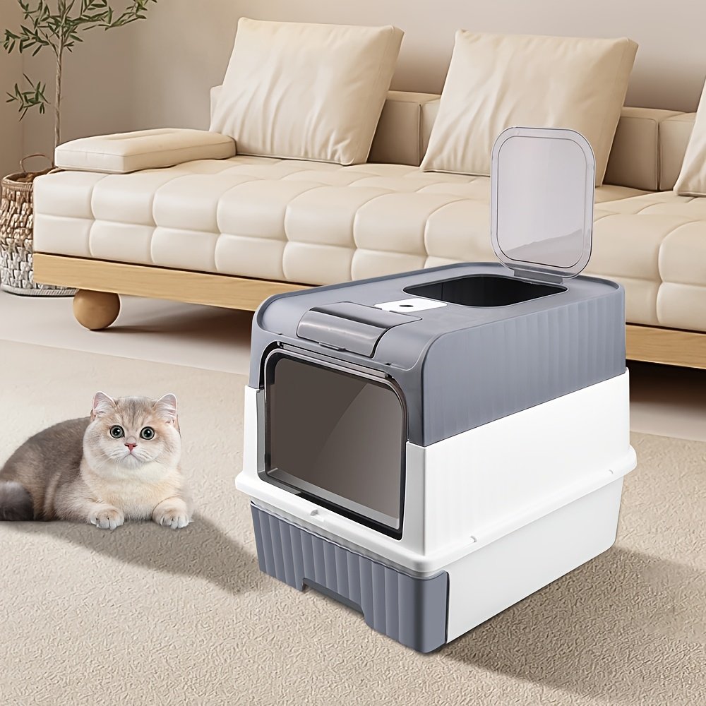 Bac à litière fermé pour chat avec pelle et couvercle | Plateau amovible, 49*37*35cm, Rectangulaire en PC – Image 7