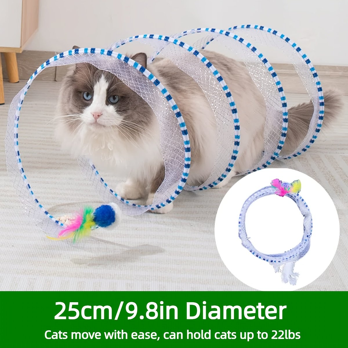 Deux tunnels pour chats en forme de ressort, pliables pour le divertissement et le jeu, tunnel spirale de chasse, équipés de jouets en plume et de souris, adaptés aux chatons, jouets d'intérieur pour chats. – Image 9