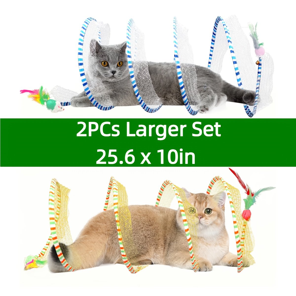 Deux tunnels pour chats en forme de ressort, pliables pour le divertissement et le jeu, tunnel spirale de chasse, équipés de jouets en plume et de souris, adaptés aux chatons, jouets d'intérieur pour chats. – Image 3