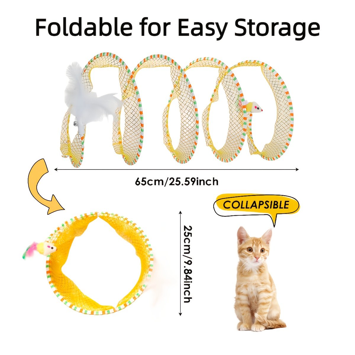 Deux tunnels pour chats en forme de ressort, pliables pour le divertissement et le jeu, tunnel spirale de chasse, équipés de jouets en plume et de souris, adaptés aux chatons, jouets d'intérieur pour chats. – Image 2