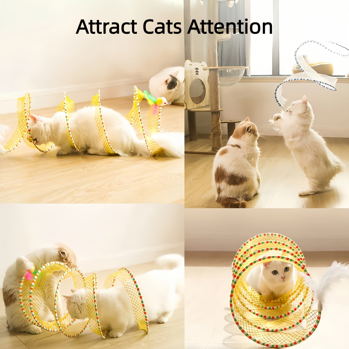 Deux tunnels pour chats en forme de ressort, pliables pour le divertissement et le jeu, tunnel spirale de chasse, équipés de jouets en plume et de souris, adaptés aux chatons, jouets d'intérieur pour chats. – Image 6