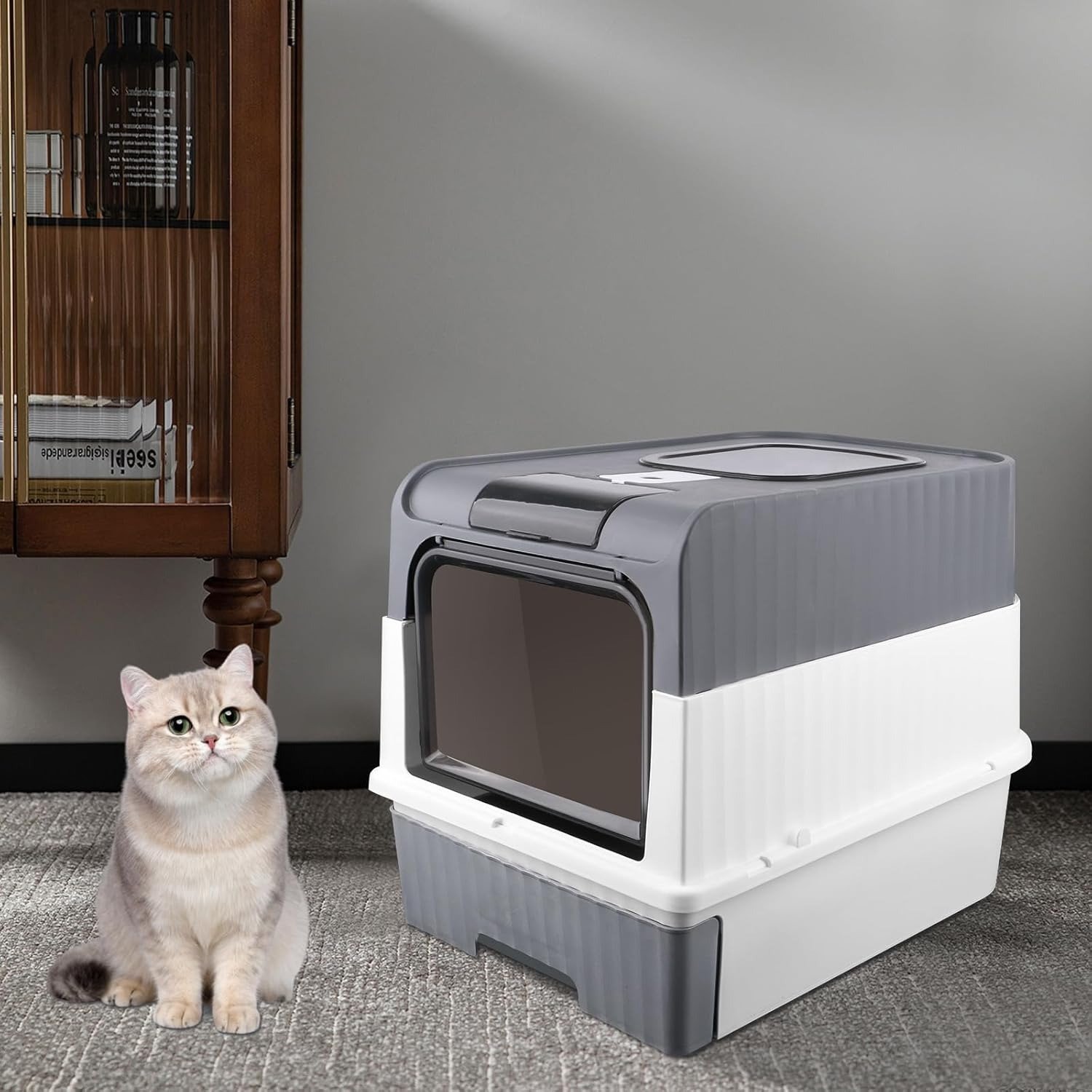 Bac à litière fermé pour chat avec pelle et couvercle | Plateau amovible, 49*37*35cm, Rectangulaire en PC – Image 5