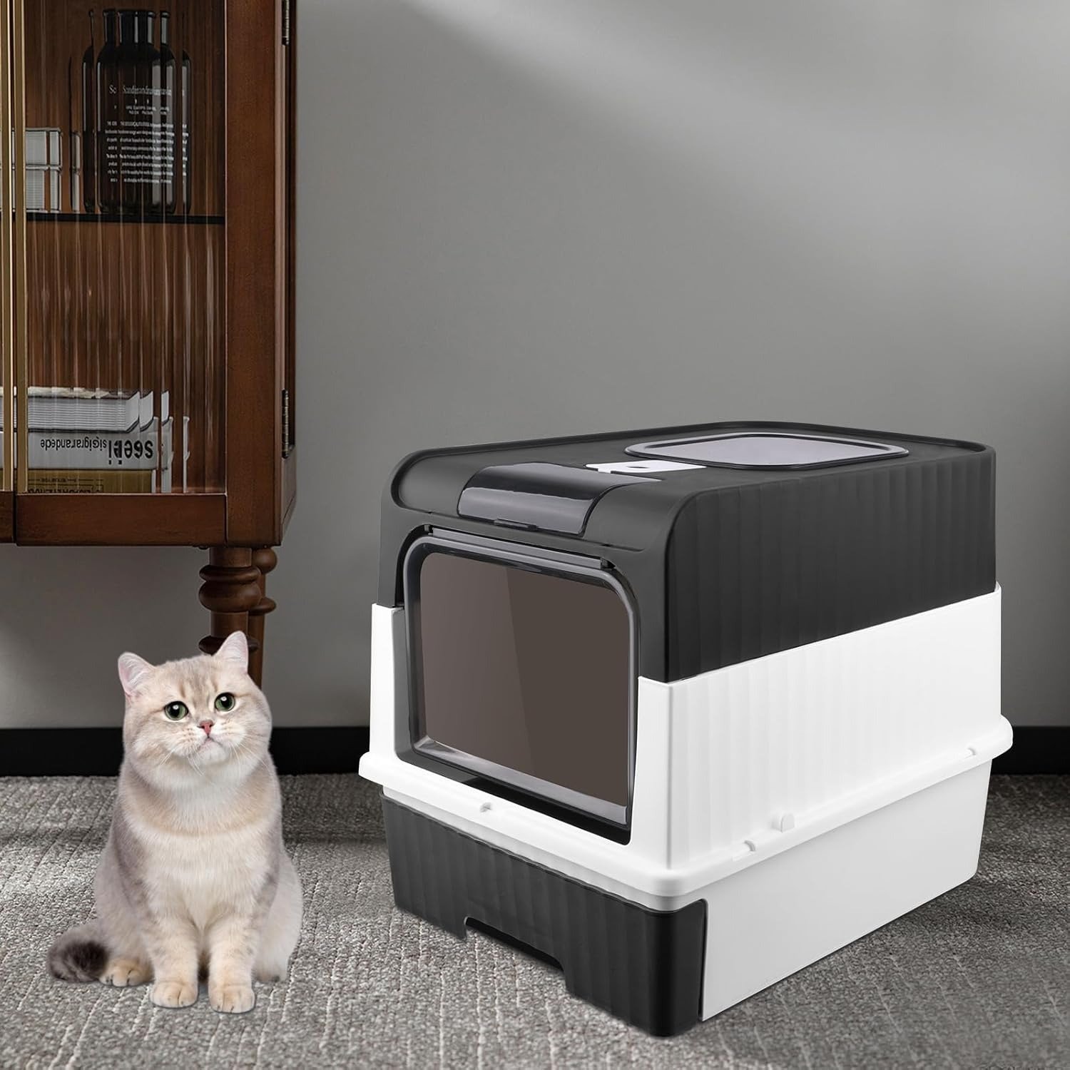 Bac à litière fermé pour chat avec pelle et couvercle | Plateau amovible, 49*37*35cm, Rectangulaire en PC – Image 3